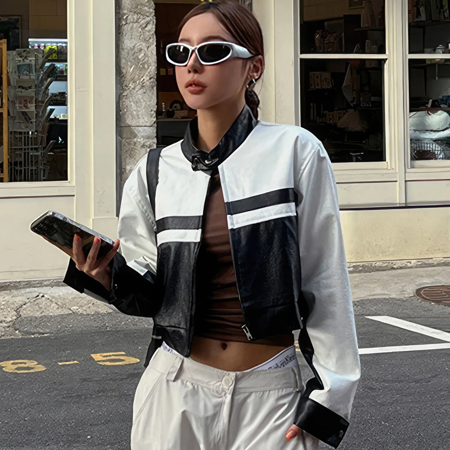 Women’s Black White Biker Genuine Sheepskin Stand Collar Oversized Cropped Top Hip Hop Punk Style Sporty Racer Leather Jacket