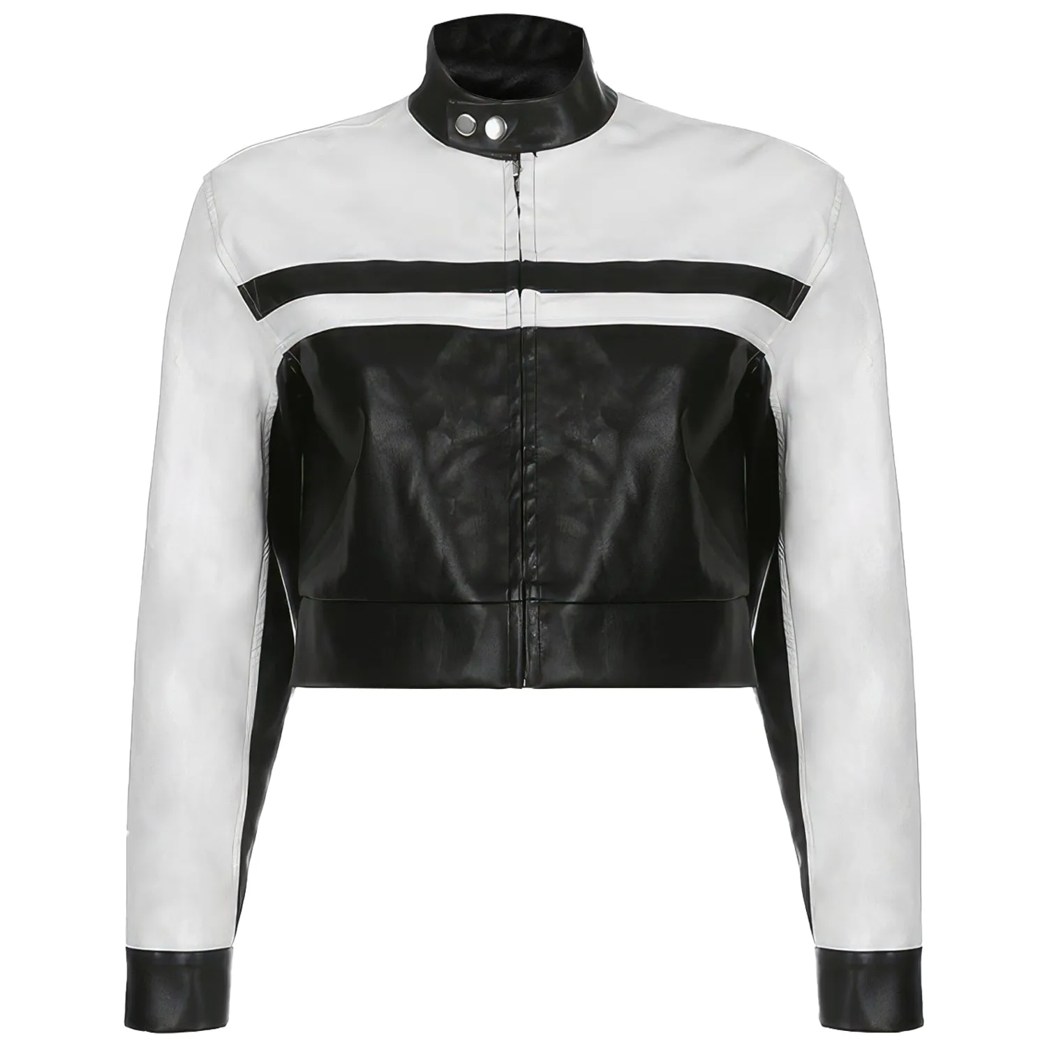 Women’s Black White Biker Genuine Sheepskin Stand Collar Oversized Cropped Top Hip Hop Punk Style Sporty Racer Leather Jacket