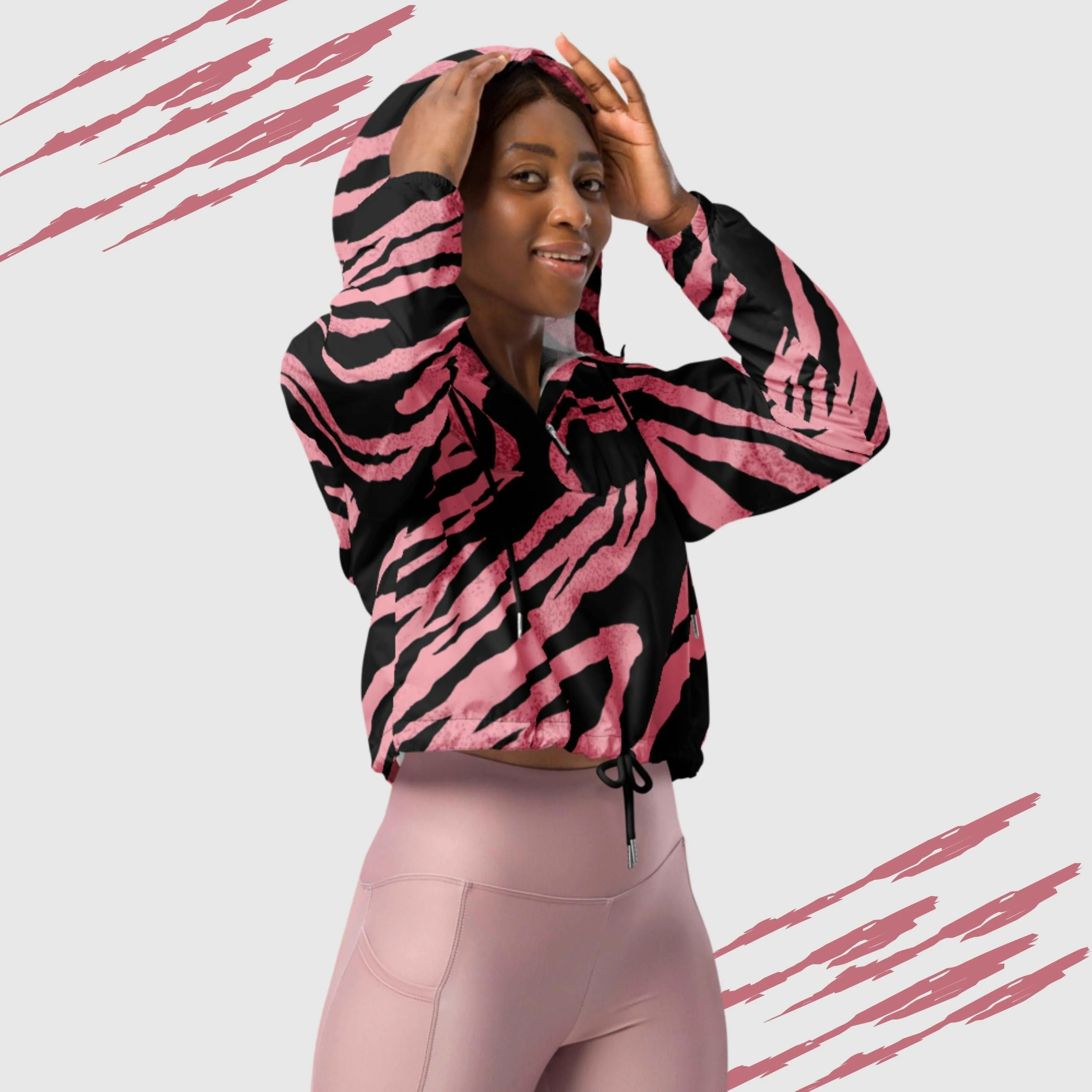 Women’s Pink Tiger Pattern Cropped Windbreaker